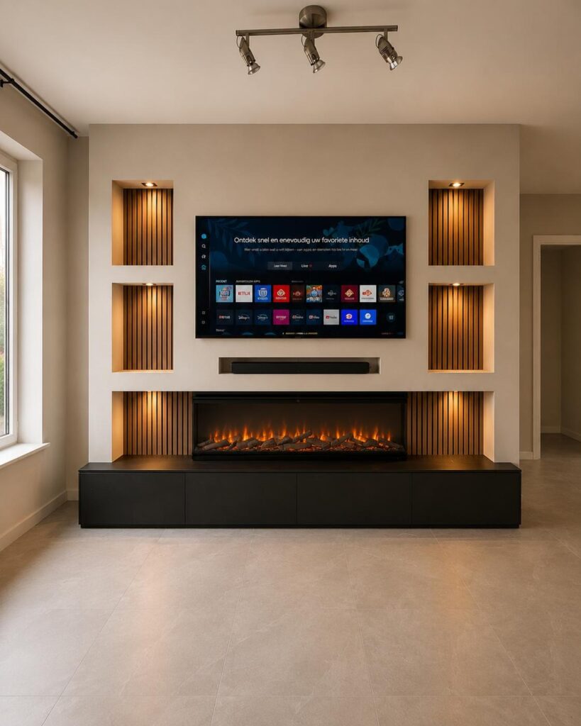 Cinewall op maat – gratis ontwerp & offerte 6 Tv-wand met zwarte kast en houten panelen