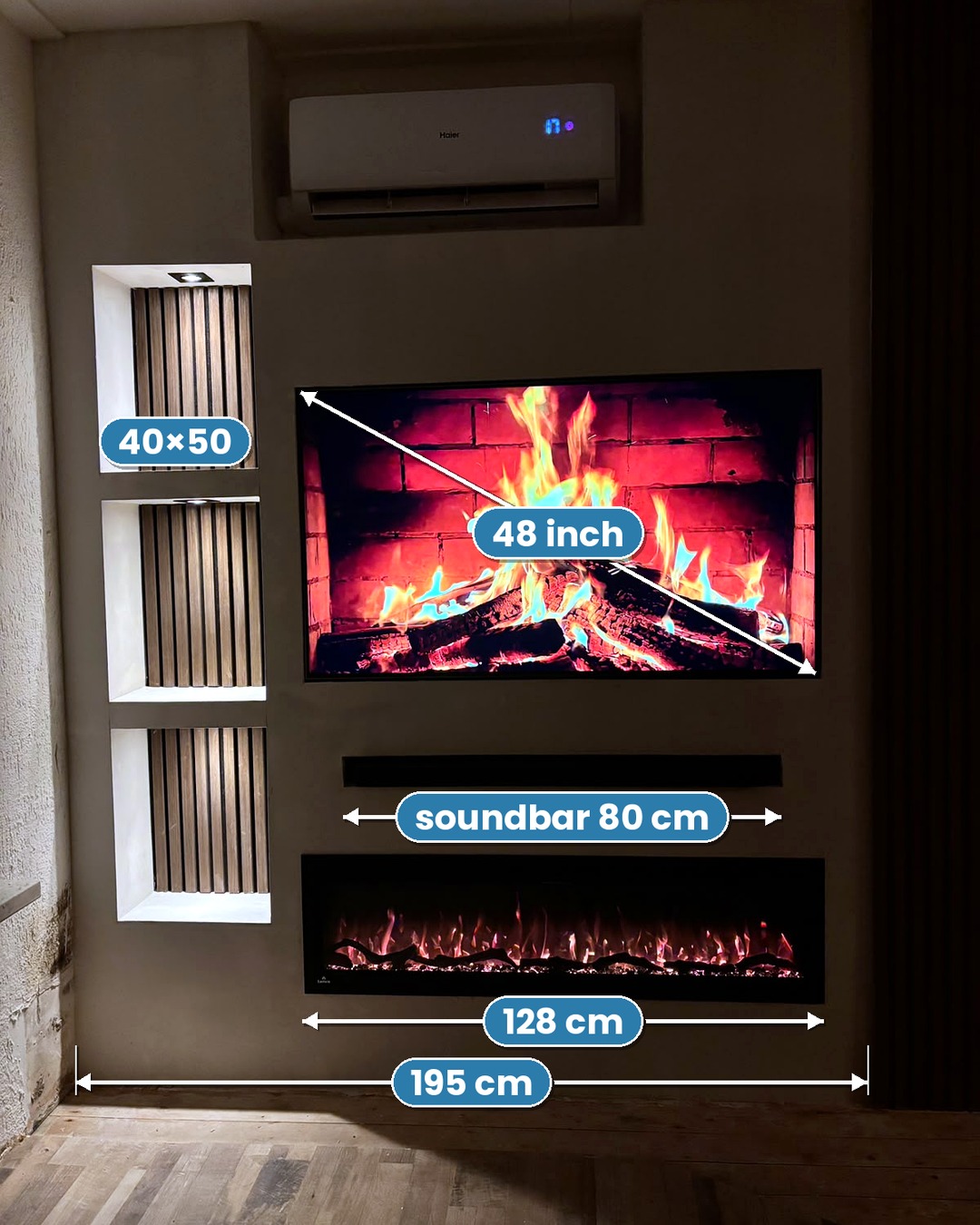 Cinewall met 48 inch tv, sfeerhaard en verlichte nissen in Bellingwolde 2 Maten van de cinewall in Bellingwolde: wand 195 cm, tv 48 inch, soundbar 80 cm, sfeerhaard 128 cm, nissen 40 x 50 cm