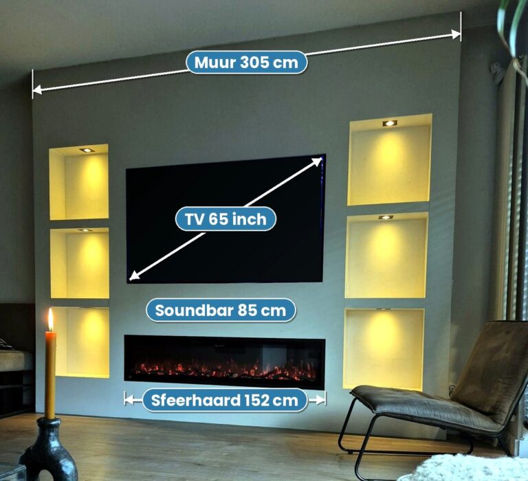 Cinewall in Den Dolder: muur van 305 cm met 65 inch tv, soundbar en sfeerhaard 2 Cinewall in Den Dolder met maten: muur 305 cm, tv 65 inch, soundbar 85 cm, sfeerhaard 152 cm