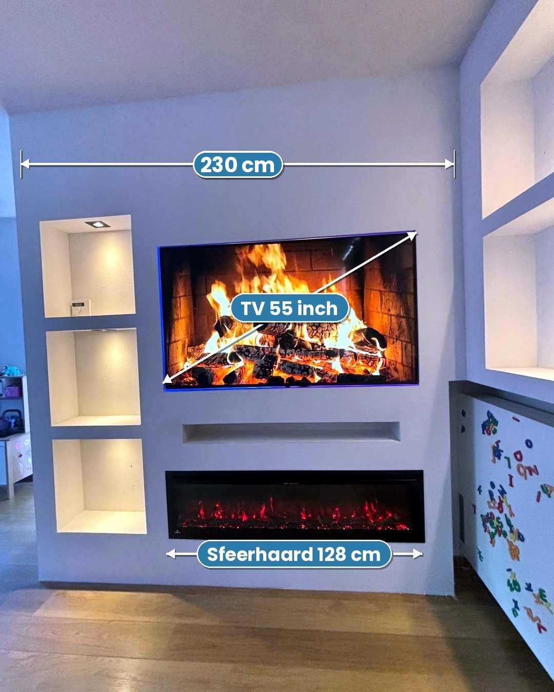 Cinewall in Maastricht met maten: wand 230 cm, tv 55 inch, sfeerhaard 128 cm
