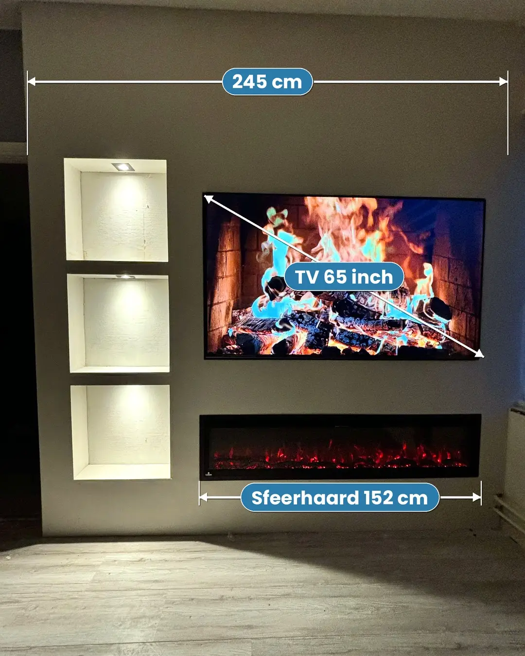 Cinewall in Lichtenvoorde met maten: wand 245 cm, tv 65 inch, sfeerhaard 152 cm