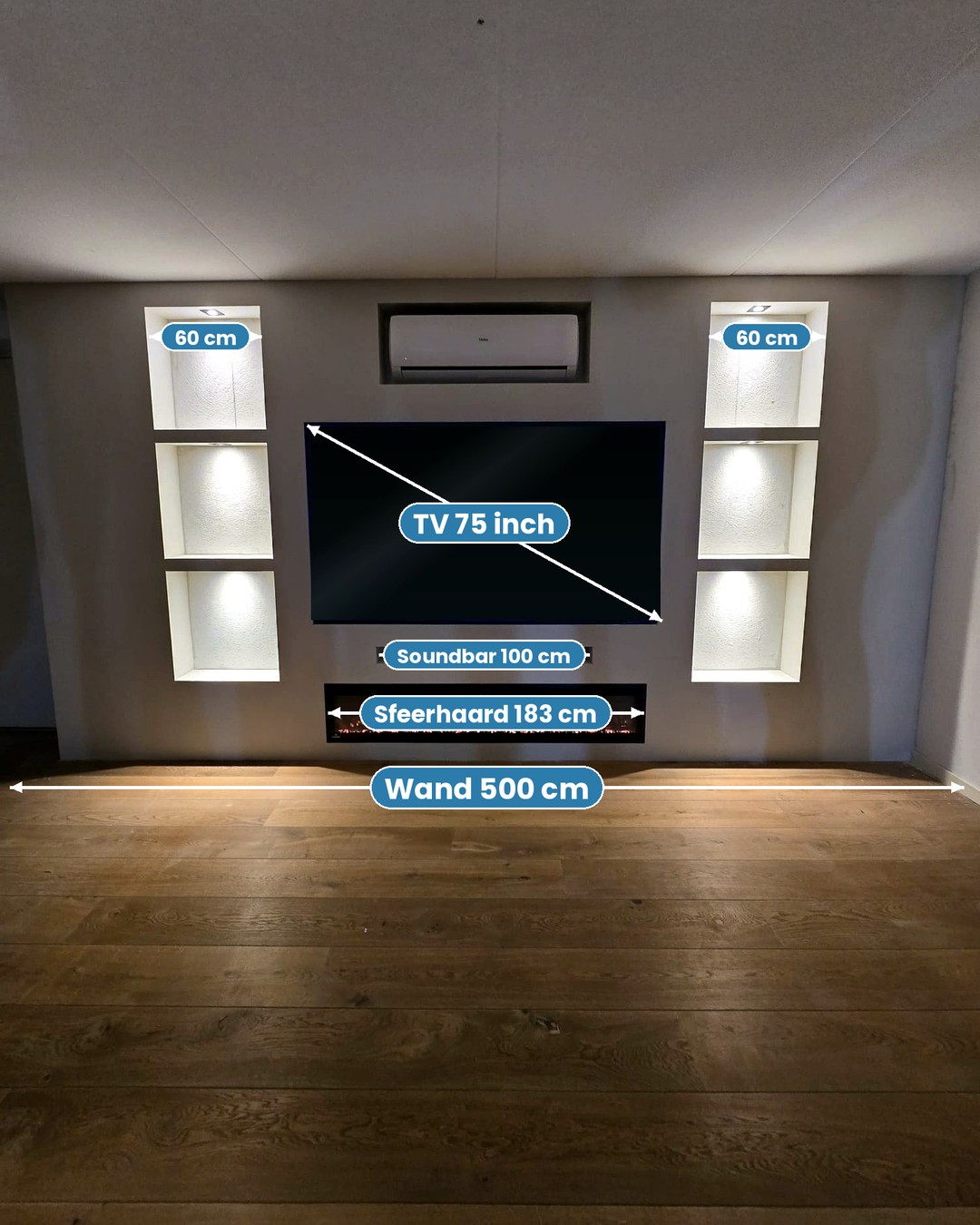 Cinewall van 5 meter met 75 inch tv, sfeerhaard en verlichte nissen in Sneek 2 Maten van de cinewall in Sneek: wand 500 cm, tv 75 inch, soundbar 100 cm, sfeerhaard 183 cm, nissen 60 cm