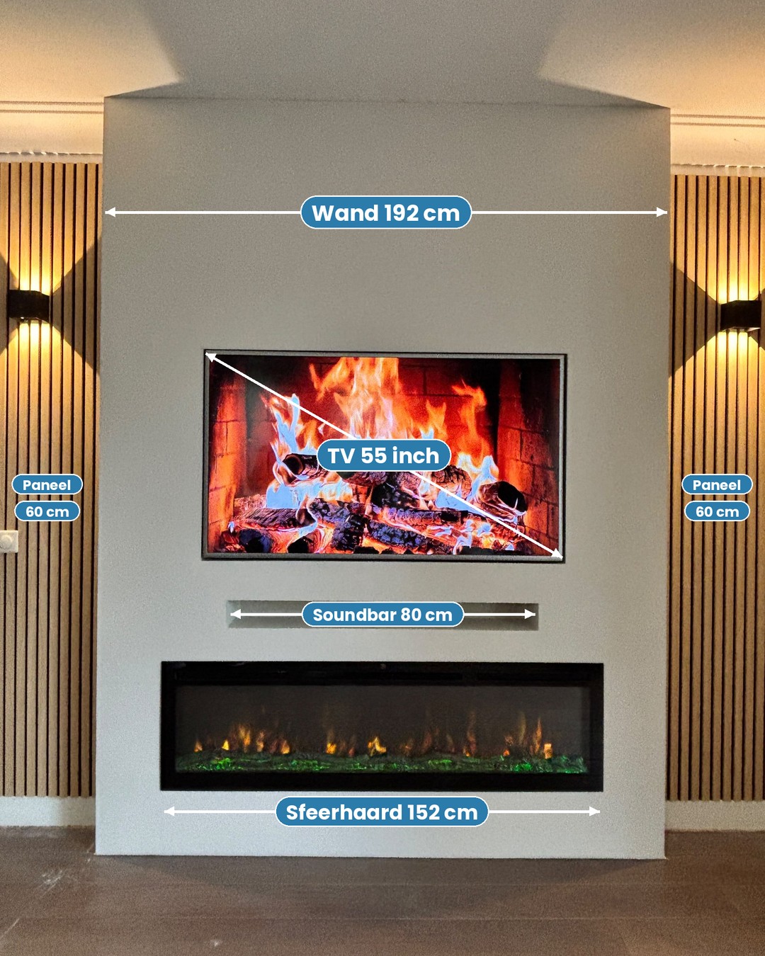 Cinewall met 55 inch tv, sfeerhaard en houten panelen in Veghel 2 Maten van de cinewall in Veghel: wand 192 cm, tv 55 inch, soundbar 80 cm, sfeerhaard 152 cm, houten panelen 60 cm